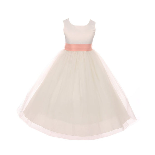Kids Dream Little Girls Ivory Peach Tulle Satin Sash Bow Flower Girl Dress 2-6 - SophiasStyle.com